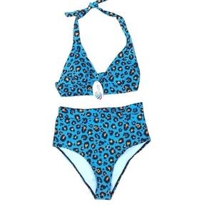 Qisehai 2 Piece Blue Leopard High Waisted Bikini NWT size Large